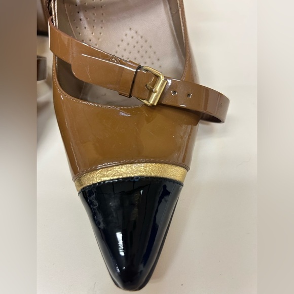 Anyi Lu Brown and Black Patent Flats with Gold Trim - Picture 8 of 9